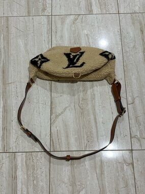Louis Vuitton Cream Shearling Monogram Bum Bag with Brown Strap